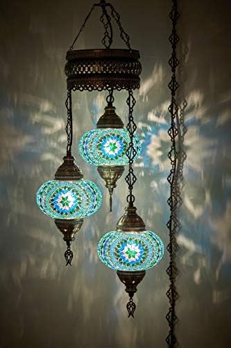 DEMMEX Plug-in Turkish Hanging Lamp, Handmade Moroccan Mosaic Chandelier Pendant Light Fixture with 15-ft Cord & Chain, Decorative Ceiling Lamp for Living Room, Bedroom, 3 Large 7'' Globes, 3.5 ft.