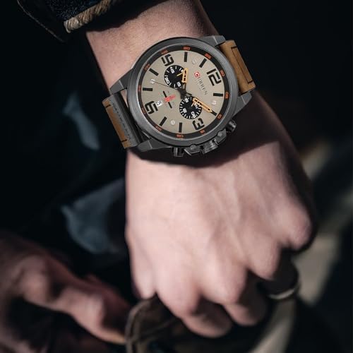 FANMIS Mens Classic Analog Quartz Chronograph Sandwich Dial Leather Watch