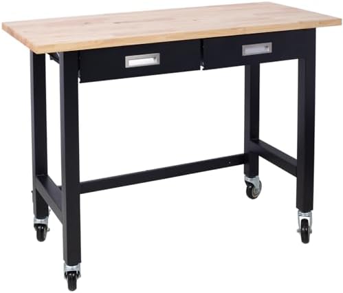 Work Bench, Workbench with Drawer Storage, Heavy Duty Bamboo Wood Work Table with Wheels for Garage Home Office (48 Inch)