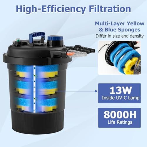 HAPPYGRILL 2642 GPH Pond Filter with 13W UV-C Light & Bio Balls, 4 Adapters