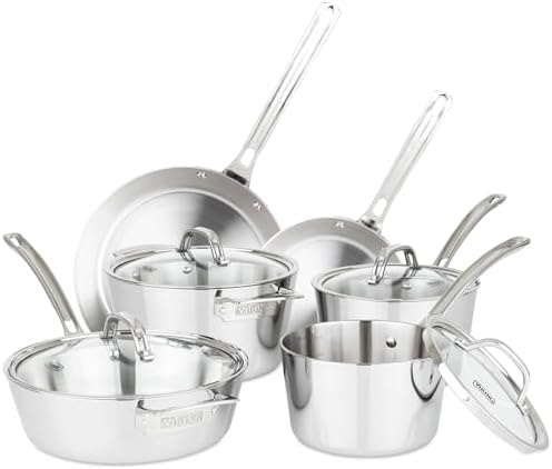 Viking Contemporary 3-Ply Pots and Pans Set, 10 Piece Stainless Steel Kitchen Cookware, Silver