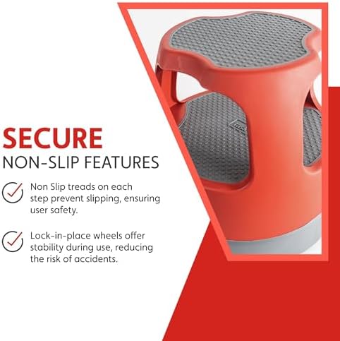 Cramer Scooter Stool, Round, 2-Step, 15", Step and Lock Wheels, 300 lb Capacity, Red