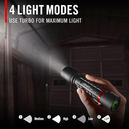 Coast XP11R 2600 Lumen USB-C Rechargeable LED Flashlight with Slide Focus and Pure Beam Focusing Optic, 4 Light Modes, Black