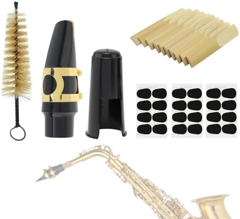 Alto Saxophone Mouthpiece Kit, Sax Mouthpiece Kit with Cap & Metal Ligature & 10 Reeds & 24 Cushions Pads