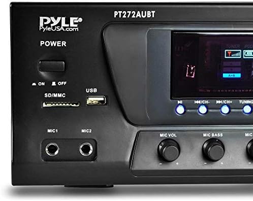 Pyle Home Stereo Amplifier with Bluetooth - 300 Watt Max 4 Channel Stereo Receiver with Easy Karaoke - Dual Mic In with EQ and Echo, USB-A and SD Card In, RCA In, RCA Out, LED Display - PT272AUBT