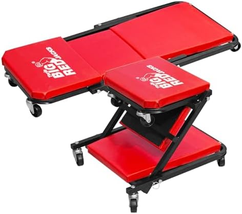 BIG RED TRP6240 Torin Blow Molded Plastic Rolling Garage/Shop Creeper: 40" Mechanic Cart with Padded Headrest, Dual Tool Trays and 6 Casters, Red