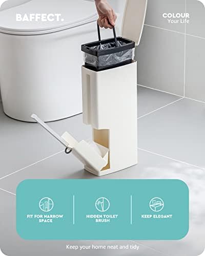 Baffect 2 Liter White Slim Bathroom Trash Can with Lid and Toilet Brush Holder | RV Small Bathroom Trash Bin With Hidden Long Handle Toilet Rim Brush