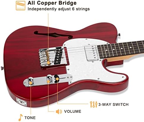 GLARRY 39" GTL Semi-Hollow Electric Guitar for Music Lover, HS Pickups Rosewood Fingerboard with Accessories Pack Guitar Bag(Transparent Wine Red)