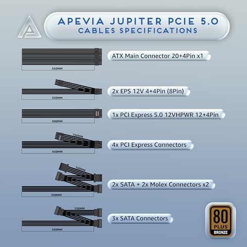 Apevia ATX-JP800W Jupiter 800W 80 Plus Bronze Certified Active PFC ATX Gaming Power Supply, Supports Dual/Quad Core CPUs, SLI/Crossfire/Haswell, 3 Year Warranty | 80+ Bronze PSU, Auto Thermal Controlled 135mm Fan, Heavy Duty Protections, Active PFC, Low…