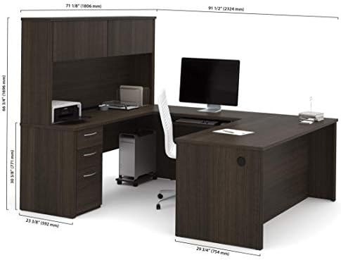 Bestar Embassy 72W U-Shaped Executive Desk with Pedestal and Hutch in Dark Chocolate | With Pedestal and Hutch, with Narrow Desk Shell, Desk Shell