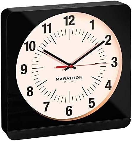 MARATHON Jumbo 12 Inch Analog Wall Clock with Warm Amber Auto Backlight, Silent Smooth Sweep (Black Case/White Dial - Commercial Edition)