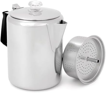 GSI Outdoors Percolator Coffee Pot I Glacier Stainless Steel with Silicone Handle for Camping, Backpacking, Travel, RV & Hunting - Stove Safe