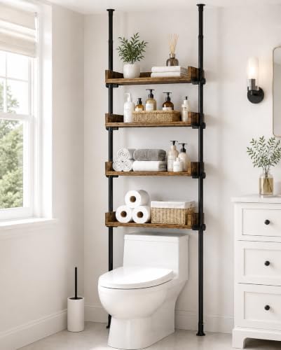 ALLZONE Bathroom Organizer, Over The Toilet Storage, 4-Tier Adjustable Wood Shelves for Small Rooms, Saver Space Rack, 92 to 116 Inch Tall