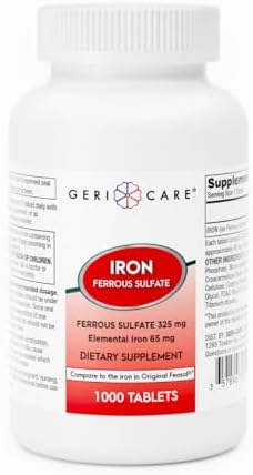 GeriCare Ferrous Sulfate Tablets 325mg, Elemental Iron 65 mg High Potency Iron Supplement | Dietary Supplement 100 Count. (Pack of 1)