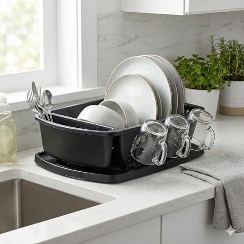 Tribello Sink Dish Drying Rack, Heavy Duty Hard Plastic Drying Rack, Dish Drainer for Kitchen Counter with Drainboard Set