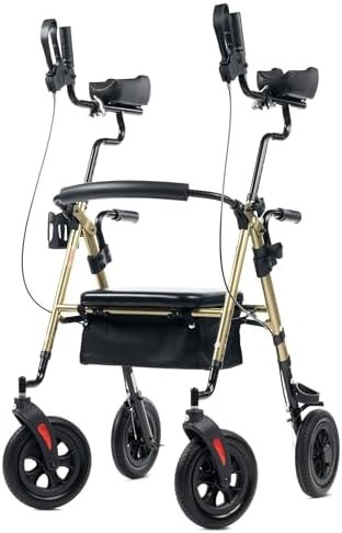 ELENKER 10 in PU Wheels Upright Rollator Walker for Seniors, Champagne | Stand Up Design, Padded Seat, Padded Armrests