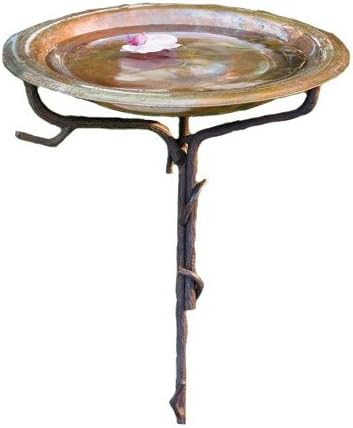 Solid Copper Birdbath with Iron Twig Stake