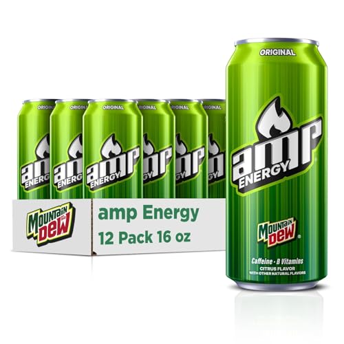 Mountain Dew AMP Energy Drink, Original, 16 fl oz cans (12 Pack) | Energy Drink with Caffeine & B Vitamins, Packaging May Vary