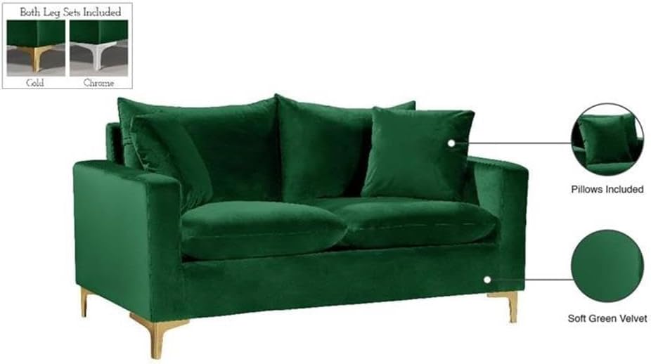 Meridian Furniture Naomi Collection Modern | Contemporary Grey Velvet Upholstered Loveseat with Stainless Steel Base in a Rich Gold or Chrome Finish, 633Grey-L