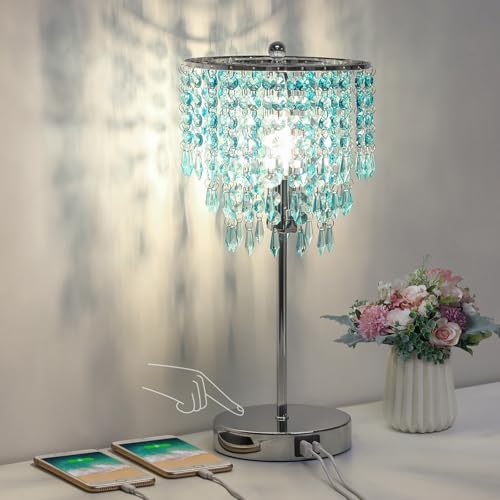 Touch Control Crystal Table Lamp with USB C+A Charging Ports, 3-Way Dimmable Bedside Touch Lamp Decorative Nightstand Lamp with Elegant Lampshade for Living Room Bedroom, B11 LED Bulb Included