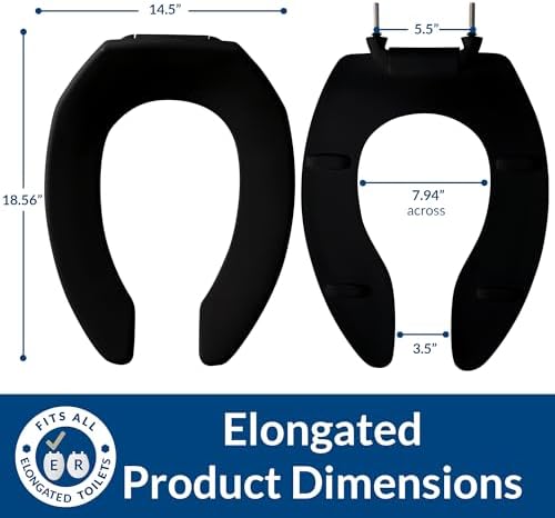 CHURCH 295CT Commercial Open Front Plastic Toilet Seat, Heavy Duty Industrial Seat without Lid, Secure Installation for Long Lasting Use, Made in USA, Elongated, Black