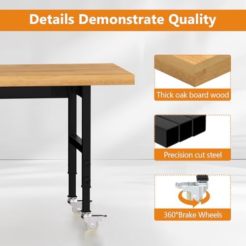 48" Heavy Duty Work Bench with Drawers, Adjustable Height Workbench with Wheels, 2000 LBS Capacity Work Table with Power Outlets for Garage, Workshop, Office, Home