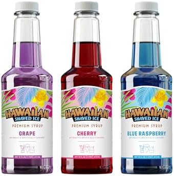 Hawaiian Shaved Ice Syrup Assortment, 3 - 16oz Bottles Of The Most Popular Flavors: Cherry, Grape, Blue Raspberry. Perfect For Shaved ice, Snow Cones