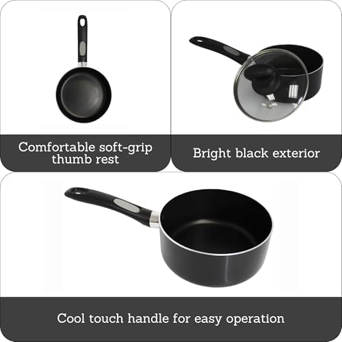 Mirro A79721 Get A Grip Aluminum Nonstick Sauce Pan with Glass Lid Cover Cookware, 1-Quart, Black -