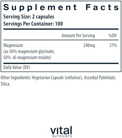Vital Nutrients Magnesium Glycinate + Malate - 120mg Vegan Magnesium Supplement for Women and Men - Muscle, Heart, Bone Support* - Promotes Relaxation - Gluten, Dairy and Soy Free - 100 Capsules