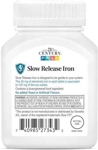 21st Century Slow Release Iron 45mg Tablets, Gentle on Stomach, 60 Count | High-Potency Ferrous Sulfate, Compare VS. Slow FE® & Healthy Red Blood Cells, Gluten Free, No Added Yeast, For Women & Men