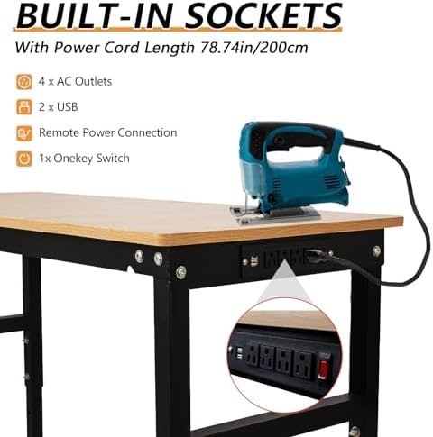 48'' Adjustable Workbench with Power Outlet, Work Table for Garage, 2000 Lbs Capacity Hardwood Workbench