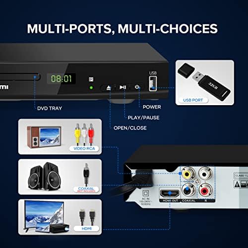 Blu Ray Player for TV, Full HD DVD Player HDMI with Dolby Digital TrueHD/DTS | Region A Blu-ray, Region Free DVD Disc, DVD Upscaling