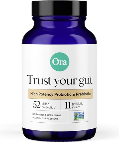 Ora Organic Vegan Probiotic and Prebiotic Capsules | 16 Billion Probiotics + Organic Prebiotics, Dairy-Free, Gluten-Free, for Sensitive Stomachs- 1 Month Supply (60 Capsules)