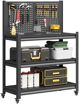 Workbench on Wheels, Adjustable Heavy Duty Work Table with Wheels, Heavy Duty Workstation, Metal Tool Work Bench for Garage Warehouse Workshop, 32" H x 18" D x 34" W