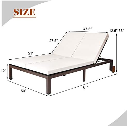 Tangkula 2-Person Patio Lounge Chair, Outdoor Rattan Double Wicker Daybed Chaise with Adjustable Backrest Wheels & Cushion