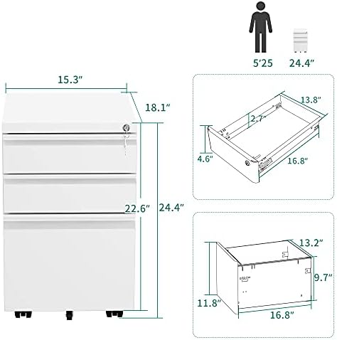 YITAHOME 3-Drawer Mobile File Cabinet with Lock | Office Storage Filing Cabinet for Legal/Letter Size