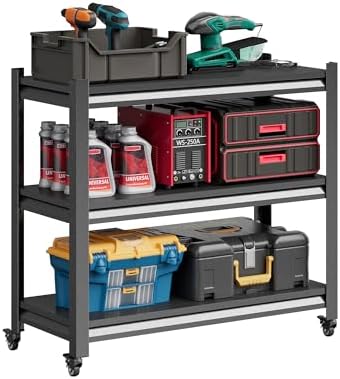Workbench on Wheels, Adjustable Heavy Duty Work Table with Wheels, Heavy Duty Workstation, Metal Tool Work Bench for Garage Warehouse Workshop, 32" H x 18" D x 34" W