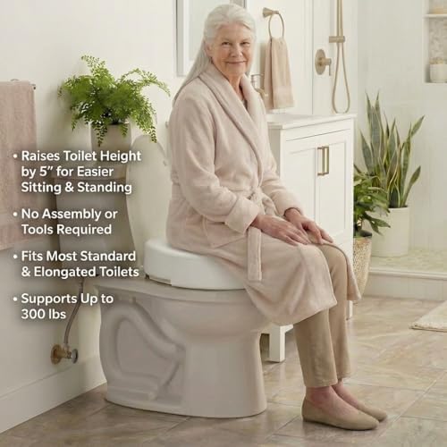 NOVA Toilet Seat Riser with Arms – Adds 5” Height, Raised Toilet Seat with ON/Off Front Lock, Adjustable & Removable Padded Arms (17.75”–20”), 300 lb Capacity, Safety Aid for Seniors