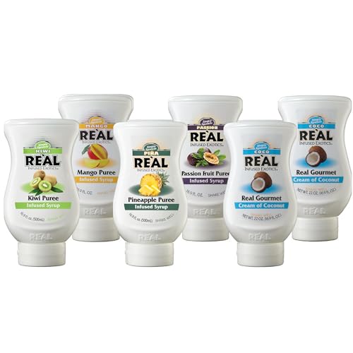 Reàl Infused Exotics Tropical Fruit Syrup Variety, 16.9 Fl Oz, 6 Pack | Coconut, Mango, Passion Fruit, Pineapple, Kiwi | Drink & Recipe Use