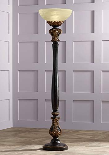 Valentina 75" Tall Acanthus Leaf Torchiere Floor Lamp Living Room | Traditional Victorian Carved Wood Amber Glass Shade Foot Dimmer Standing Light