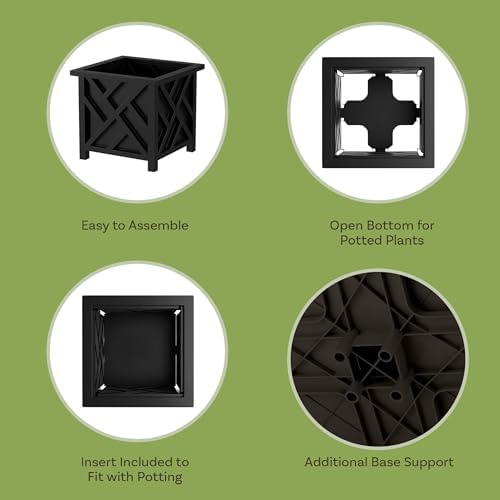 Lattice Design Outdoor Planter Box - 14.75” Square 13” Tall Black Plant Pot - Decorative Plant Pots for Front Porch Decor - Flower Pots Outdoor