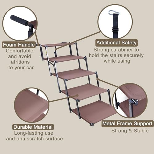 Dog Stairs for Car, 5 Steps Extra Wide Dog Ramps for Large Dogs, Foldable Lightweight Pet Steps for High SUV Truck Bed Couch