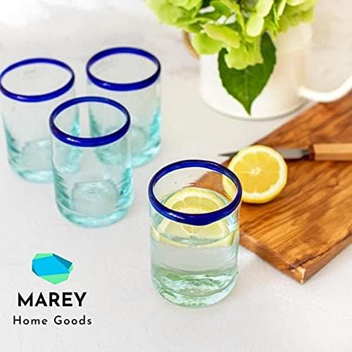 MAREY Hand Blown Drinking Glasses Artisan Crafted from Mexico Set of 6 pieces (Cobalt Blue Rim, Water 16 Oz.)