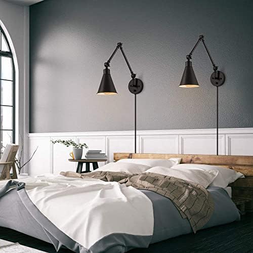CADUKE Swing Arm Wall Lamp for Bedroom, Set of 2 Plug in Wall Light Fixture with Dimmable Switch