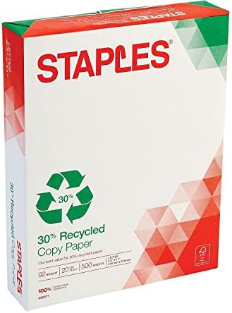 Staples 30% Recycled 8.5-Inch X 11-Inch Copy Paper 20 Lbs 92 Brightness 500/Ream, For Office, School & Home