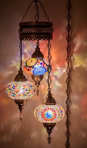 DEMMEX 3 Large Globe Plug-in Turkish Moroccan Mosaic Chandelier, Hanging Lamp, Ceiling Light Fixture with 15ft Cord & Chain for Living Room