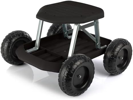 Pure Garden Rolling Garden Seat with Wheels and Tool Tray, Black/Green | Gardening Stool Garden Cart Scooter with Storage for Yard Tools