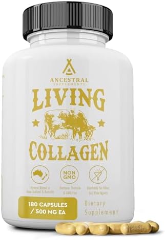 Ancestral Supplements Grass Fed Beef Living Collagen Capsules, 180 Ct | Type II collagen peptides complex in convenient capsules supports healthier