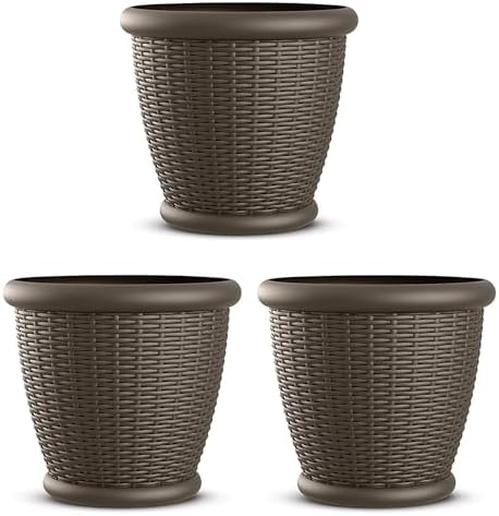 Suncast Wicker Planter w/ Drillable Drain Holes, Decorative Indoor/Outdoor Pot, 18in, Java