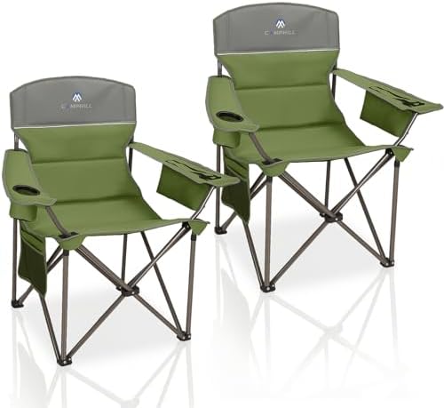 Oversized Camping Chairs 2 Pack - Heavy Duty 400LBS Padded Lawn Chair with Cooler Bag,Cup Holder,Side Pocket,Collapsible for Outdoor,Camp,Fishing & Garden,Dark Green